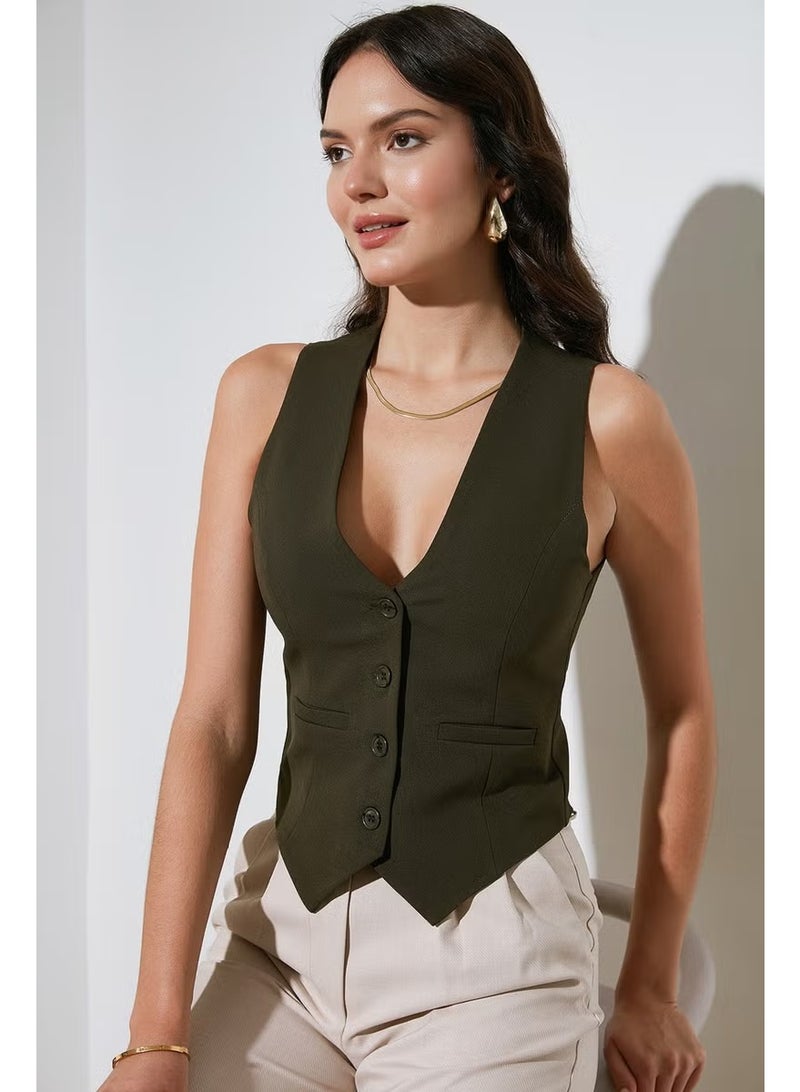 Lela Fitted Fit Buttoned V Neck Buttoned Vest Women's Vest 6696796 - Image 5